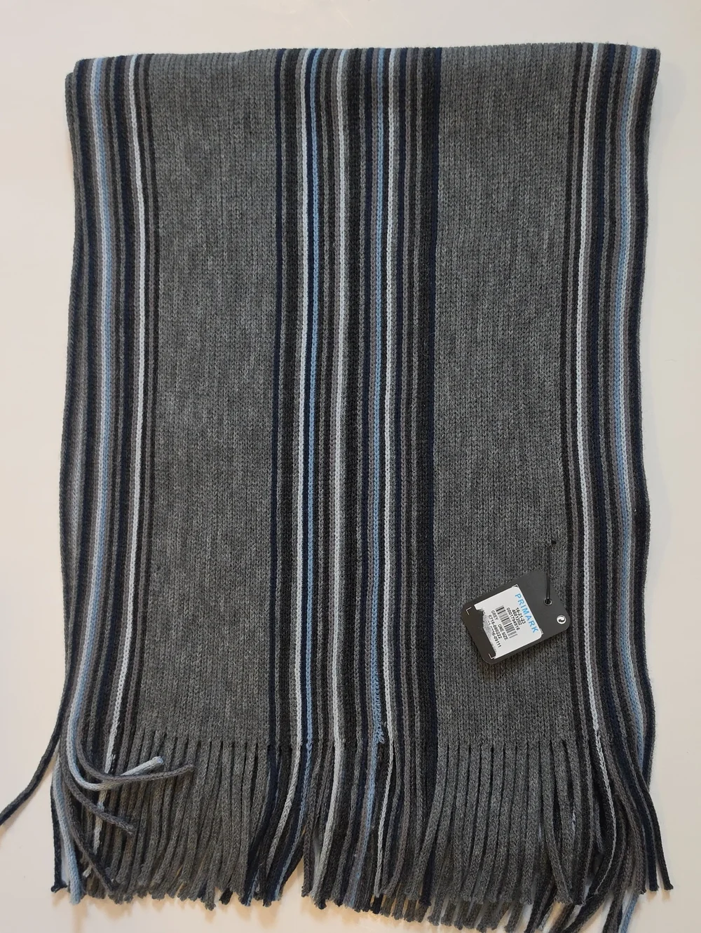 NWT Primark Gray Knit Scarf with Blue and Black Stripes